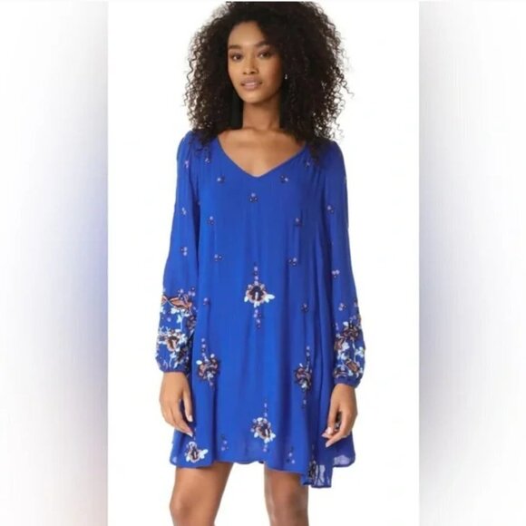 Free People Oxford Embroidered Blue Long Sleeve Cutout Back Mini Shift Dress M - Picture 14 of 16
